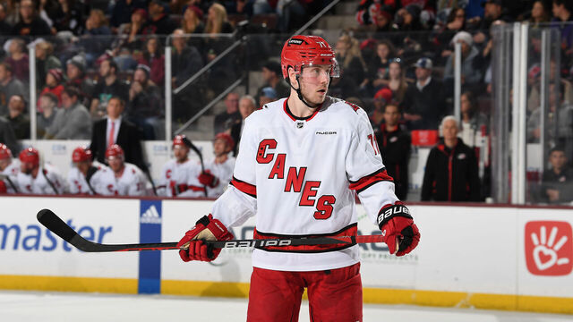 TEMPE, ARIZONA - FEBRUARY 16: Jesper Fast #71 of the Carolina Hurricanes gets ready during a face off against the Arizona Coyotes at Mullett Arena on February 16, 2024 in Tempe, Arizona.