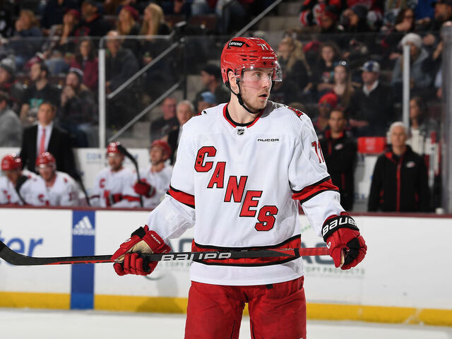 TEMPE, ARIZONA - FEBRUARY 16: Jesper Fast #71 of the Carolina Hurricanes gets ready during a face off against the Arizona Coyotes at Mullett Arena on February 16, 2024 in Tempe, Arizona.