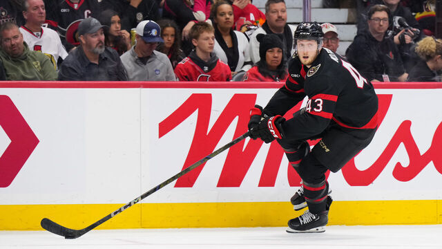 OTTAWA, CANADA - MAY 1: Tyler Kleven #43 of the Ottawa Senators skates against the Toronto Maple Leafs in Game Six of the First Round of the 2025 Stanley Cup Playoffs at Canadian Tire Centre on May 1, 2025 in Ottawa, Ontario, Canada.