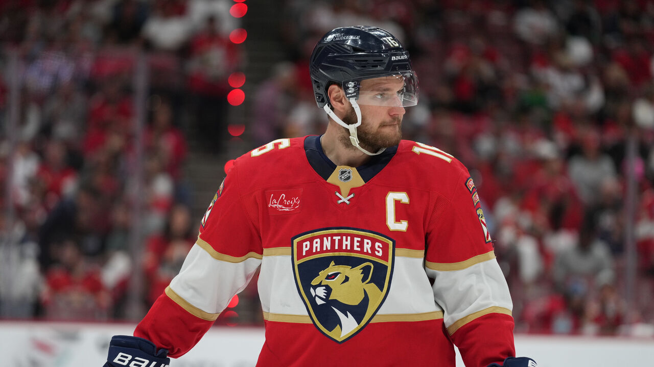SUNRISE, FL - MAY 26: Florida Panthers center Aleksander Barkov (16) warms up before the third period during game four of the Stanley Cup Playoffs Eastern Conference Finals between the Carolina Hurricanes and the Florida Panthers on Saturday, May 26, 2025 at Amerant Bank Arena in Sunrise, FL.