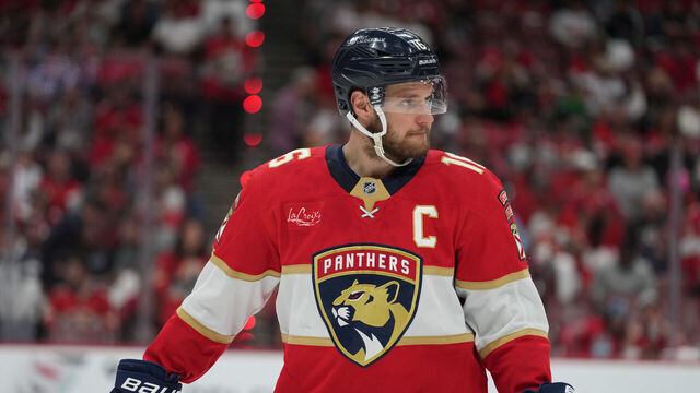 SUNRISE, FL - MAY 26: Florida Panthers center Aleksander Barkov (16) warms up before the third period during game four of the Stanley Cup Playoffs Eastern Conference Finals between the Carolina Hurricanes and the Florida Panthers on Saturday, May 26, 2025 at Amerant Bank Arena in Sunrise, FL.