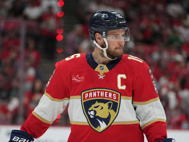 SUNRISE, FL - MAY 26: Florida Panthers center Aleksander Barkov (16) warms up before the third period during game four of the Stanley Cup Playoffs Eastern Conference Finals between the Carolina Hurricanes and the Florida Panthers on Saturday, May 26, 2025 at Amerant Bank Arena in Sunrise, FL.