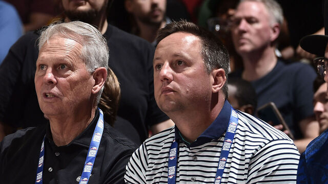 LAS VEGAS, NV - JULY 9: Danny Ainge CEO of Basketball Operations for the Utah Jazz and Austin Ainge Director of Player Personnel for the Boston Celtics smile and look on during the 2022 NBA Summer League on July 9, 2022 at the Cox Pavilion in Las Vegas, Nevada. NOTE TO USER: User expressly acknowledges and agrees that, by downloading and/or using this Photograph, user is consenting to the terms and conditions of the Getty Images License Agreement. Mandatory Copyright Notice: Copyright 2022 NBAE