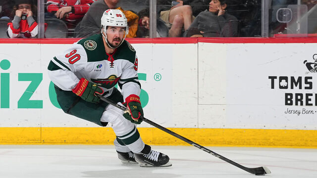 NEWARK, NJ - MARCH 31: Marcus Johansson #90 of the Minnesota Wild skates during the game against the New Jersey Devils at Prudential Center on March 31, 2025 in Newark, New Jersey.