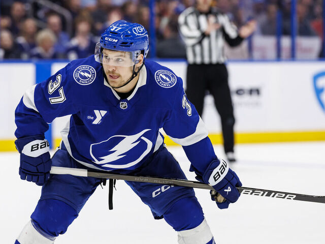 TAMPA, FL - APRIL 24: Yanni Gourde #37 of the Tampa Bay Lightning skates against the Florida Panthers of Game Two of the First Round of the 2025 Stanley Cup Playoffs at Amalie Arena on April 24, 2025 in Tampa, Florida.