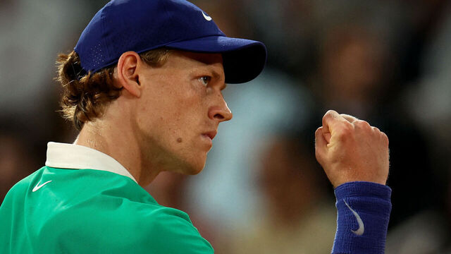 Italy's Jannik Sinner reacts after a point during his men's singles match against Russia's Andrey Rublev on day 9 of the French Open tennis tournament on Court Philippe-Chatrier at the Roland-Garros Complex in Paris on June 2, 2025.