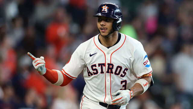 HOUSTON, TEXAS - MAY 31: Jeremy Peña #3 of the Houston Astros reacts after hitting a two run home run during the third inning against the Tampa Bay Rays at Daikin Park on May 31, 2025 in Houston, Texas.