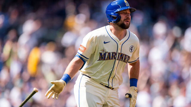 SEATTLE, WA - JUNE 01: Cal Raleigh #29 of the Seattle Mariners reacts after hitting a solo home run in the seventh inning during the game between the Minnesota Twins and the Seattle Mariners at T-Mobile Park on Sunday, June 1, 2025 in Seattle, Washington.