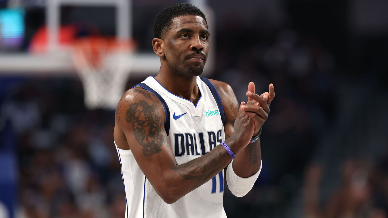 DALLAS, TEXAS - FEBRUARY 27: Kyrie Irving #11 of the Dallas Mavericks reacts during the first half against the Charlotte Hornets at American Airlines Center on February 27, 2025 in Dallas, Texas.
