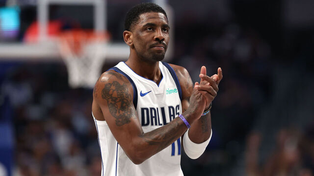 DALLAS, TEXAS - FEBRUARY 27: Kyrie Irving #11 of the Dallas Mavericks reacts during the first half against the Charlotte Hornets at American Airlines Center on February 27, 2025 in Dallas, Texas.