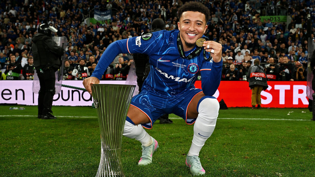 WROCLAW, POLAND - MAY 28: Jadon Sancho of Chelsea holds his Winners Medal as he poses for a photograph with the UEFA Conference League trophy after his team's victory in the UEFA Conference League Final 2025 between Real Betis Balompie and Chelsea FC at Stadion Wroclaw on May 28, 2025 in Wroclaw, Poland.