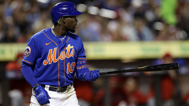 NEW YORK, NY - SEPTEMBER 30: Ronny Mauricio #10 of the New York Mets in action against the Philadelphia Phillies during the third inning of the second game of a doubleheader at Citi Field on September 30, 2023 in New York City.