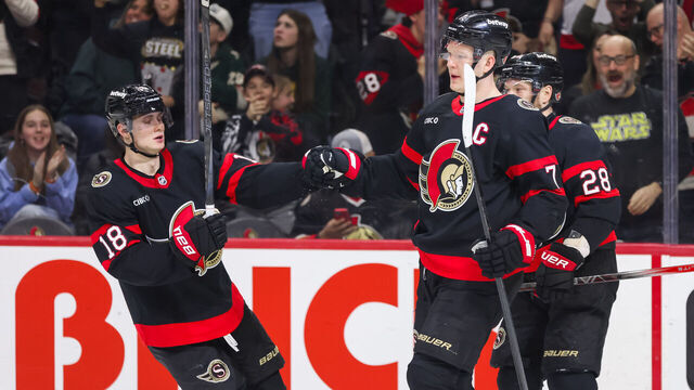 OTTAWA, ON - FEBRUARY 01: Ottawa Senators Left Wing Brady Tkachuk (7) celebrates his goal with Center Tim Stutzle (18) and Right Wing Claude Giroux (28) during third period National Hockey League action between the Minnesota Wild and Ottawa Senators on February 1, 2025, at Canadian Tire Centre in Ottawa, ON, Canada.