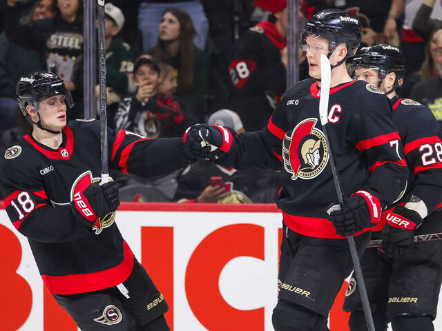OTTAWA, ON - FEBRUARY 01: Ottawa Senators Left Wing Brady Tkachuk (7) celebrates his goal with Center Tim Stutzle (18) and Right Wing Claude Giroux (28) during third period National Hockey League action between the Minnesota Wild and Ottawa Senators on February 1, 2025, at Canadian Tire Centre in Ottawa, ON, Canada.