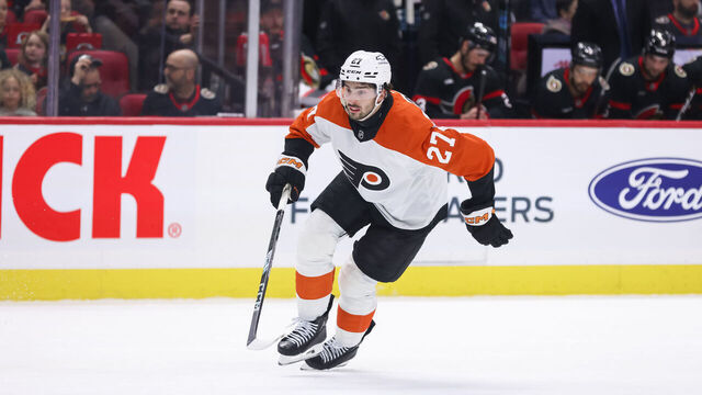 OTTAWA, ON - APRIL 13: Philadelphia Flyers left wing Noah Cates (27) applies pressure on the forecheck during first period National Hockey League action between the Philadelphia Flyers and Ottawa Senators on April 13, 2025, at Canadian Tire Centre in Ottawa, ON, Canada.