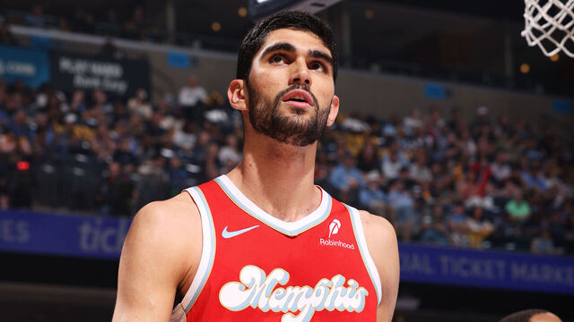 MEMPHIS, TN - APRIL 26: Santi Aldama #7 of the Memphis Grizzlies looks on during the game against the Oklahoma City Thunder during Round 1 Game 4 of the 2025 NBA Playoffs on April 26, 2025 at FedExForum in Memphis, Tennessee. Mandatory Copyright Notice: Copyright 2025 NBAE