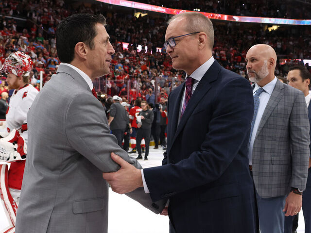 SUNRISE, FLORIDA - MAY 24: (L-R) Head coach Rod Brind'Amour of the Carolina Hurricanes shakes hand with head coach Paul Maurice of the Florida Panthers after Game Four of the Eastern Conference Final of the 2023 Stanley Cup Playoffs at FLA Live Arena on May 24, 2023 in Sunrise, Florida.