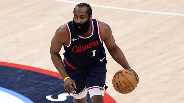 INGLEWOOD, CALIFORNIA - APRIL 26: James Harden #1 of the Los Angeles Clippers in action against the Denver Nuggets in Game Four of the Western Conference First Round NBA Playoffs at Intuit Dome on April 26, 2025 in Inglewood, California.