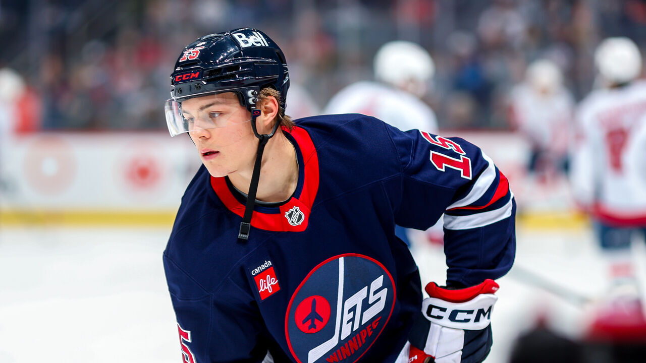 WINNIPEG, CANADA - MARCH 25: Rasmus Kupari #15 of the Winnipeg Jets skates during the pre-game warm up prior to NHL action against the Washington Capitals at Canada Life Centre on March 25, 2025 in Winnipeg, Manitoba, Canada.