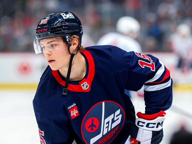 WINNIPEG, CANADA - MARCH 25: Rasmus Kupari #15 of the Winnipeg Jets skates during the pre-game warm up prior to NHL action against the Washington Capitals at Canada Life Centre on March 25, 2025 in Winnipeg, Manitoba, Canada.