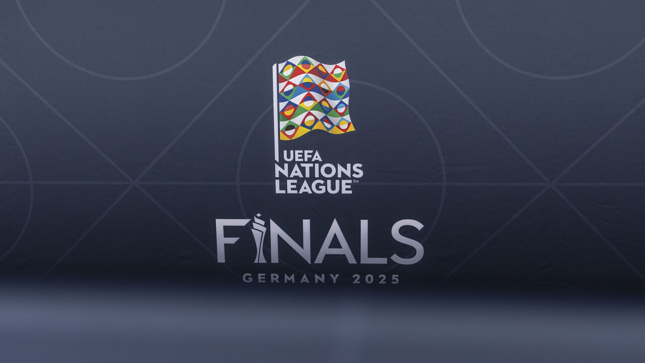MUNICH, GERMANY - JUNE 02: UEFA Nations League Finals 2025 logo is seen ahead of the UEFA Nations League Finals 2025 between Germany and Portugal outside the Munich Football Arena on June 02, 2025 in Munich, Germany.