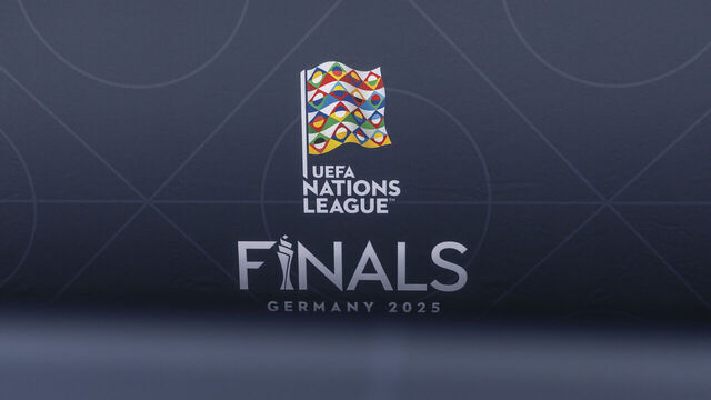 MUNICH, GERMANY - JUNE 02: UEFA Nations League Finals 2025 logo is seen ahead of the UEFA Nations League Finals 2025 between Germany and Portugal outside the Munich Football Arena on June 02, 2025 in Munich, Germany.