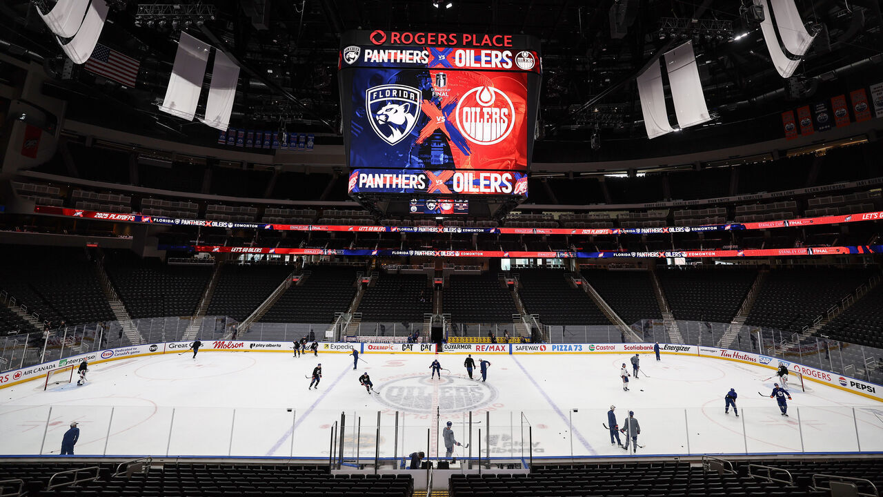 EDMONTON, ALBERTA - JUNE 03: The Edmonton Oilers skate during practice prior to the 2025 Stanley Cup Final against the Florida Panthers at Rogers Place on June 03, 2025 in Edmonton, Alberta.