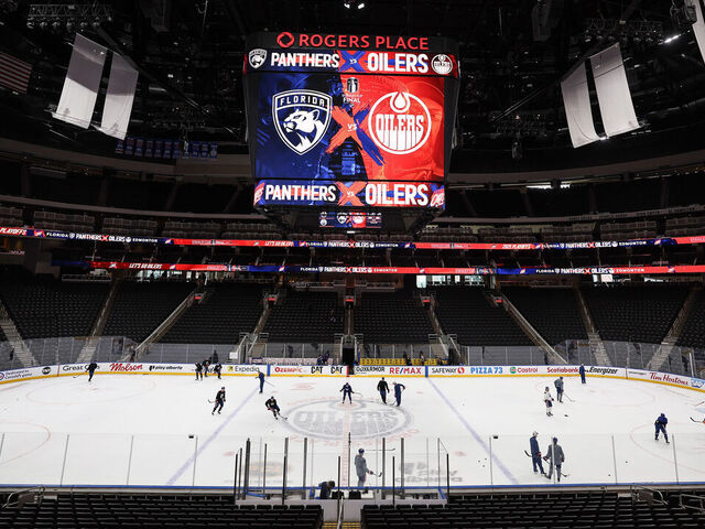 EDMONTON, ALBERTA - JUNE 03: The Edmonton Oilers skate during practice prior to the 2025 Stanley Cup Final against the Florida Panthers at Rogers Place on June 03, 2025 in Edmonton, Alberta.