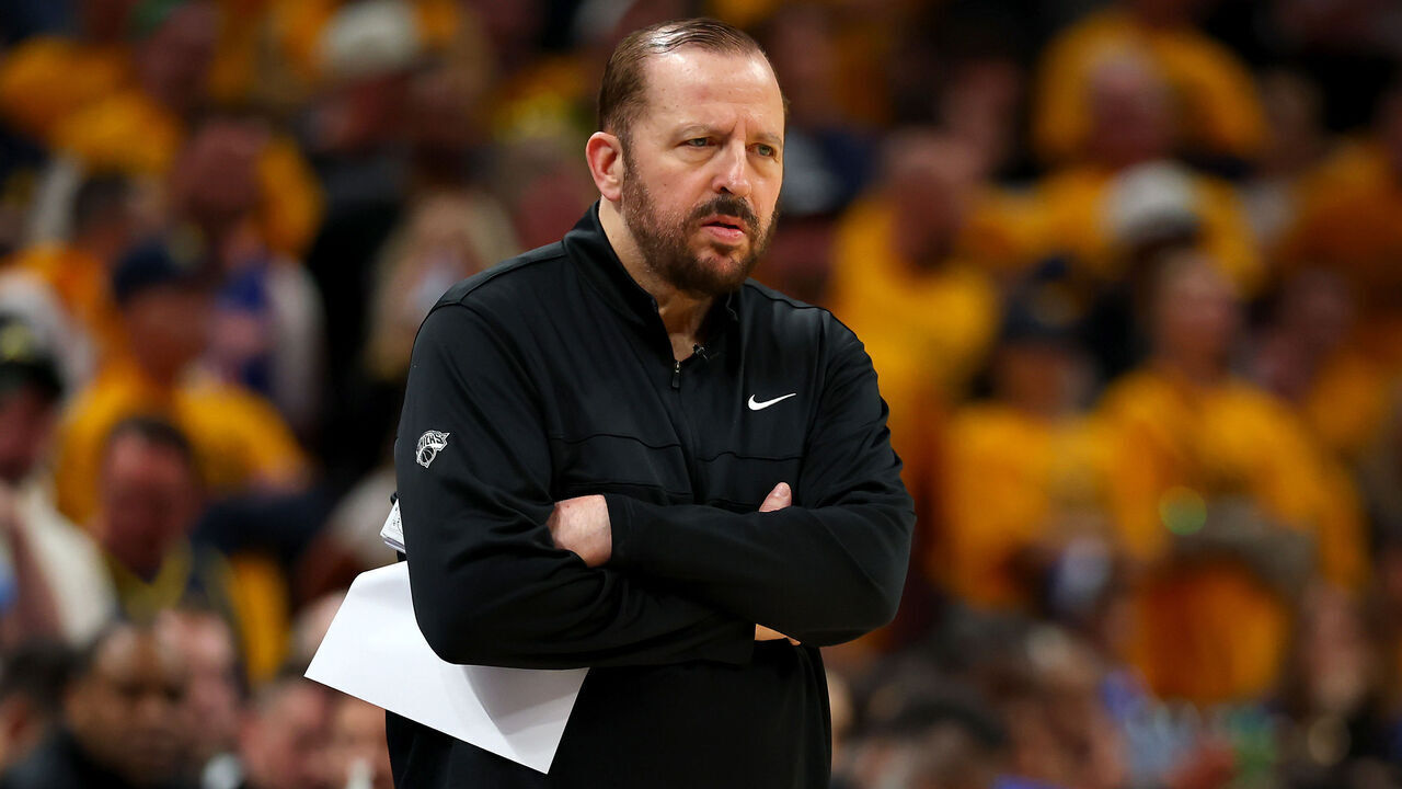 INDIANAPOLIS, INDIANA - MAY 25: Head coach Tom Thibodeau of the New York Knicks reacts against the Indiana Pacers during the fourth quarter in Game Three of the Eastern Conference Finals of the 2025 NBA Playoffs at Gainbridge Fieldhouse on May 25, 2025 in Indianapolis, Indiana.