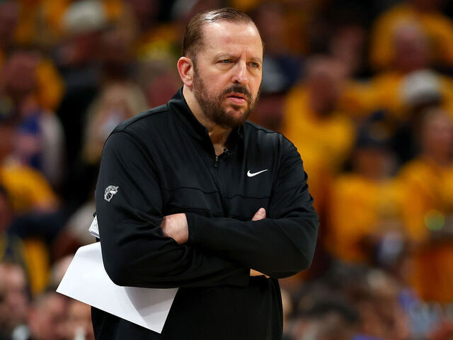 INDIANAPOLIS, INDIANA - MAY 25: Head coach Tom Thibodeau of the New York Knicks reacts against the Indiana Pacers during the fourth quarter in Game Three of the Eastern Conference Finals of the 2025 NBA Playoffs at Gainbridge Fieldhouse on May 25, 2025 in Indianapolis, Indiana.