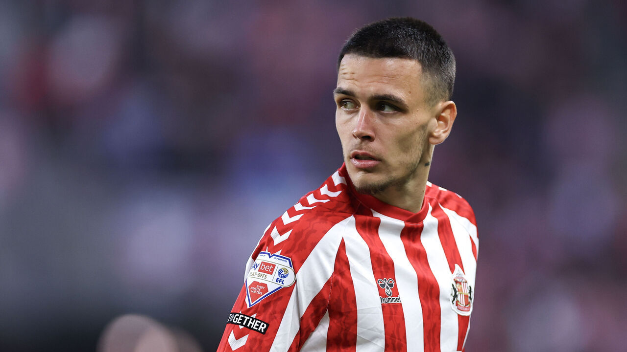 SUNDERLAND, ENGLAND - MAY 13: Enzo Le Fee of Sunderland during the Sky Bet Championship Play-Off Semi Final Second Leg match between AFC Sunderland and Coventry City at Stadium of Light on May 13, 2025 in Sunderland, England.