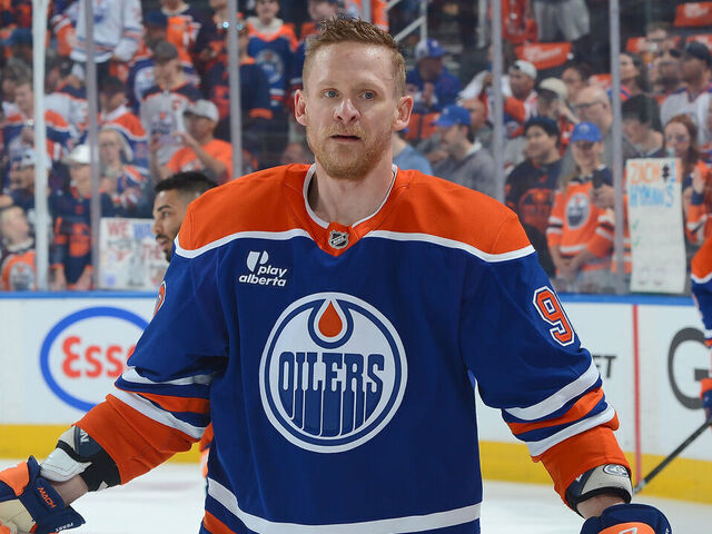 EDMONTON, CANADA - MAY 27: Corey Perry #90 of the Edmonton Oilers warms up prior to Game Four of the Western Conference Finals of the 2025 Stanley Cup Playoffs against the Dallas Stars at Rogers Place on May 27, 2025, in Edmonton, Alberta, Canada.