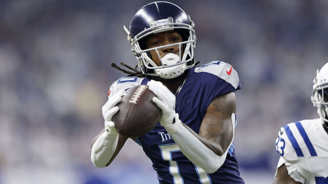 INDIANAPOLIS, IN - DECEMBER 22: Tennessee Titans wide receiver Calvin Ridley (0) with the catch for the touchdown during a NFL game between the Tennessee Titans and the Indianapolis Colts on December 22, 2024 at Lucas Oil Stadium in Indianapolis, IN.