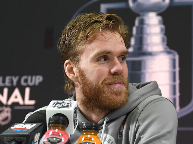 EDMONTON, ALBERTA - JUNE 03: Connor McDavid #97 of the Edmonton Oilers speaks with the media prior to the start of the 2025 NHL Stanley Cup Final against the Florida Panthers at Rogers Place on June 03, 2025 in Edmonton, Alberta.