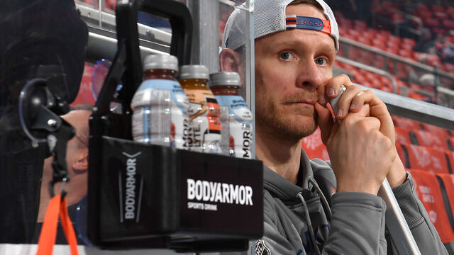EDMONTON, CANADA - APRIL 25: Corey Perry #90 of the Edmonton Oilers gets ready for Game Three of the First Round of the Stanley Cup Playoffs against the Los Angeles Kings at Rogers Place on April 25, 2025, in Edmonton, Alberta, Canada.