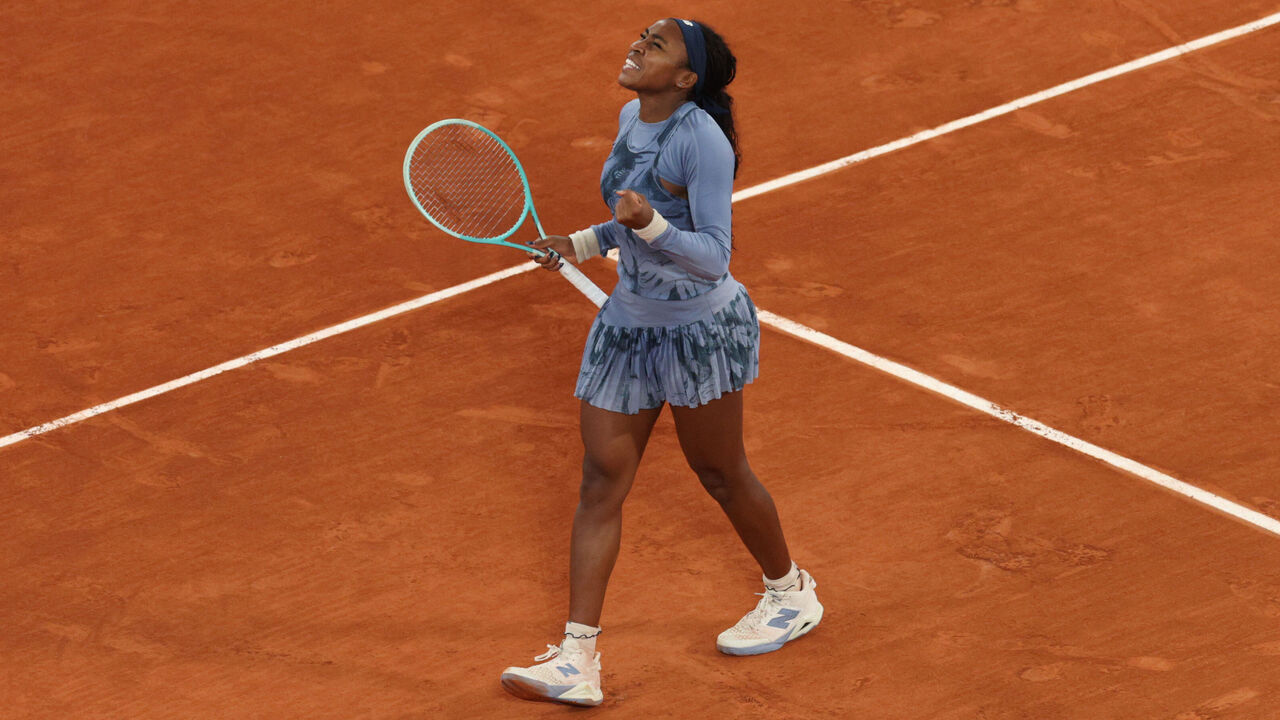 PARIS, FRANCE - JUNE 04: Coco Gauff of United States celebrates her victory over Madison Keys of United States in the Women's Singles Quarter Final match on Day Eleven of the 2025 French Open at Roland Garros on June 04, 2025 in Paris, France.