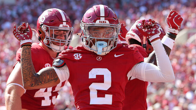TUSCALOOSA, ALABAMA - OCTOBER 12: Ryan Williams #2 of the Alabama Crimson Tide reacts after a touchdown reception to Germie Bernard #5 against the South Carolina Gamecocks during the fourth quarter at Bryant-Denny Stadium on October 12, 2024 in Tuscaloosa, Alabama.