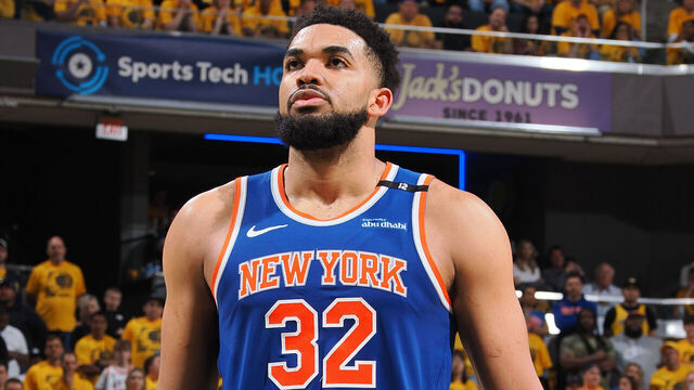 INDIANAPOLIS, IN - MAY 31: Karl-Anthony Towns #32 of the New York Knicks shoots a free throw during the game against the Indiana Pacers during Game 6 of the 2025 Eastern Conference Finals on May 31, 2025 at Gainbridge Fieldhouse in Indianapolis, Indiana. Mandatory Copyright Notice: Copyright 2025 NBAE