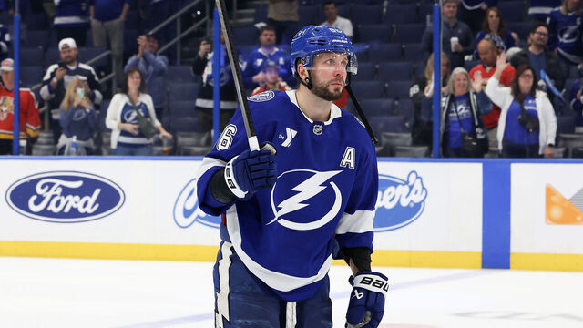 TAMPA, FLORIDA - APRIL 30: Nikita Kucherov #86 of the Tampa Bay Lightning reacts after his team was defeated by the Florida Panthers in Game Five of the First Round of the 2025 Stanley Cup Playoffs at Amalie Arena on April 30, 2025 in Tampa, Florida.