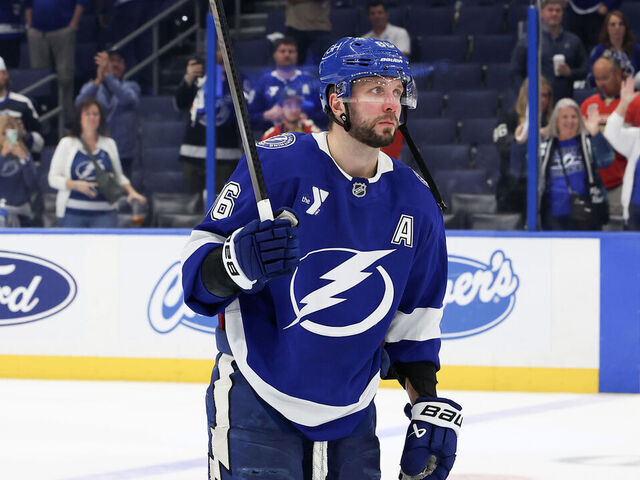 TAMPA, FLORIDA - APRIL 30: Nikita Kucherov #86 of the Tampa Bay Lightning reacts after his team was defeated by the Florida Panthers in Game Five of the First Round of the 2025 Stanley Cup Playoffs at Amalie Arena on April 30, 2025 in Tampa, Florida.