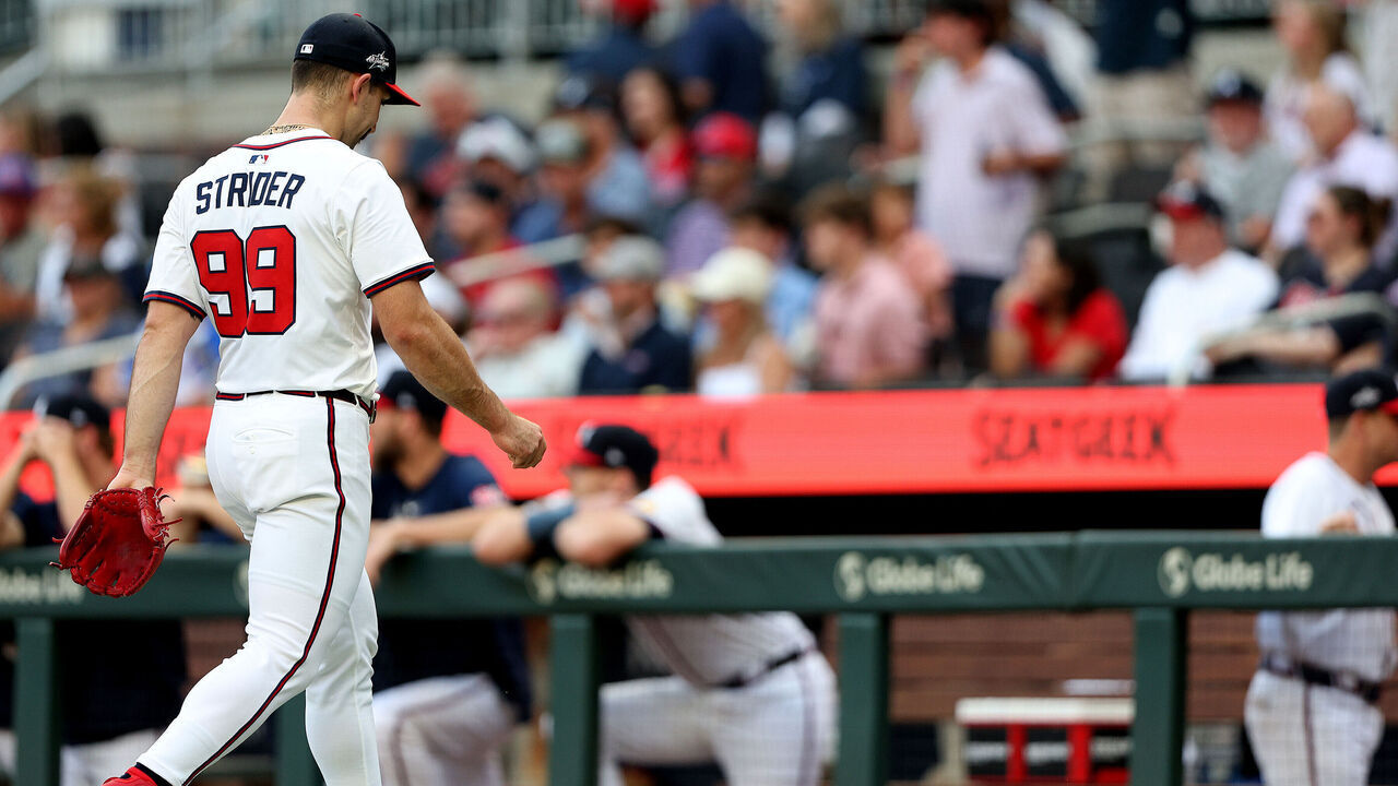 ATLANTA, GA - JUNE 03: Spencer Strider #99 of the Atlanta Braves leaves the field during the Tuesday evening MLB game between the Atlanta Braves and the Arizona Diamondbacks on June 3, 2025 at Truist Park in Atlanta, Georgia.