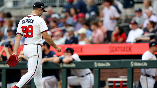ATLANTA, GA - JUNE 03: Spencer Strider #99 of the Atlanta Braves leaves the field during the Tuesday evening MLB game between the Atlanta Braves and the Arizona Diamondbacks on June 3, 2025 at Truist Park in Atlanta, Georgia.