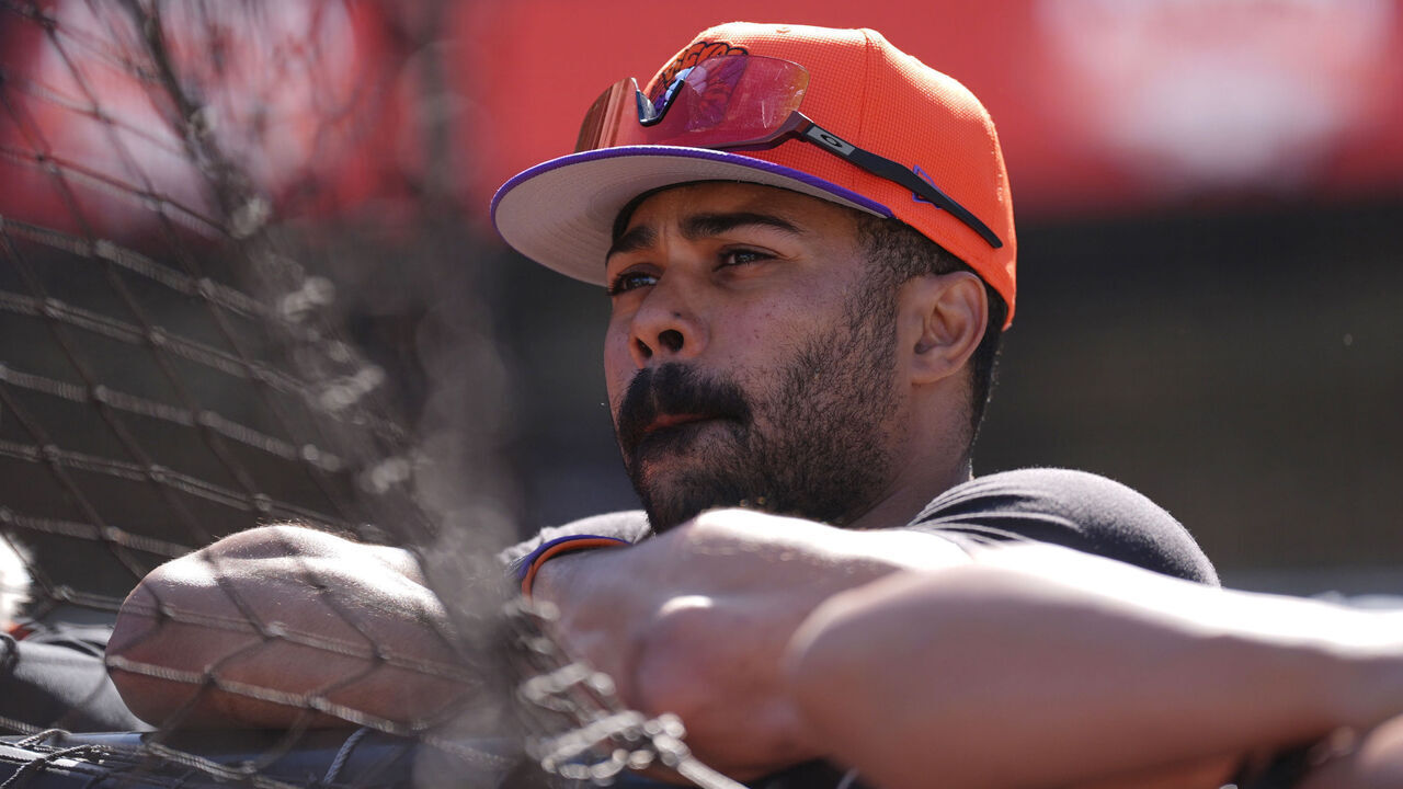 SAN FRANCISCO, CA - MAY 20: LaMonte Wade Jr. #31 of the San Francisco Giants looks on during batting practice prior to the game between the Kansas City Royals and the San Francisco Giants at Oracle Park on Tuesday, May 20, 2025 in San Francisco, California.