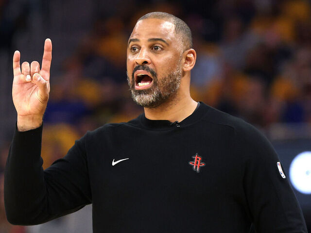 SAN FRANCISCO, CALIFORNIA - MAY 02: Head coach Ime Udoka of the Houston Rockets reacts against the Golden State Warriors during the second quarter in Game Six of the Western Conference First Round NBA Playoffs at Chase Center on May 02, 2025 in San Francisco, California.