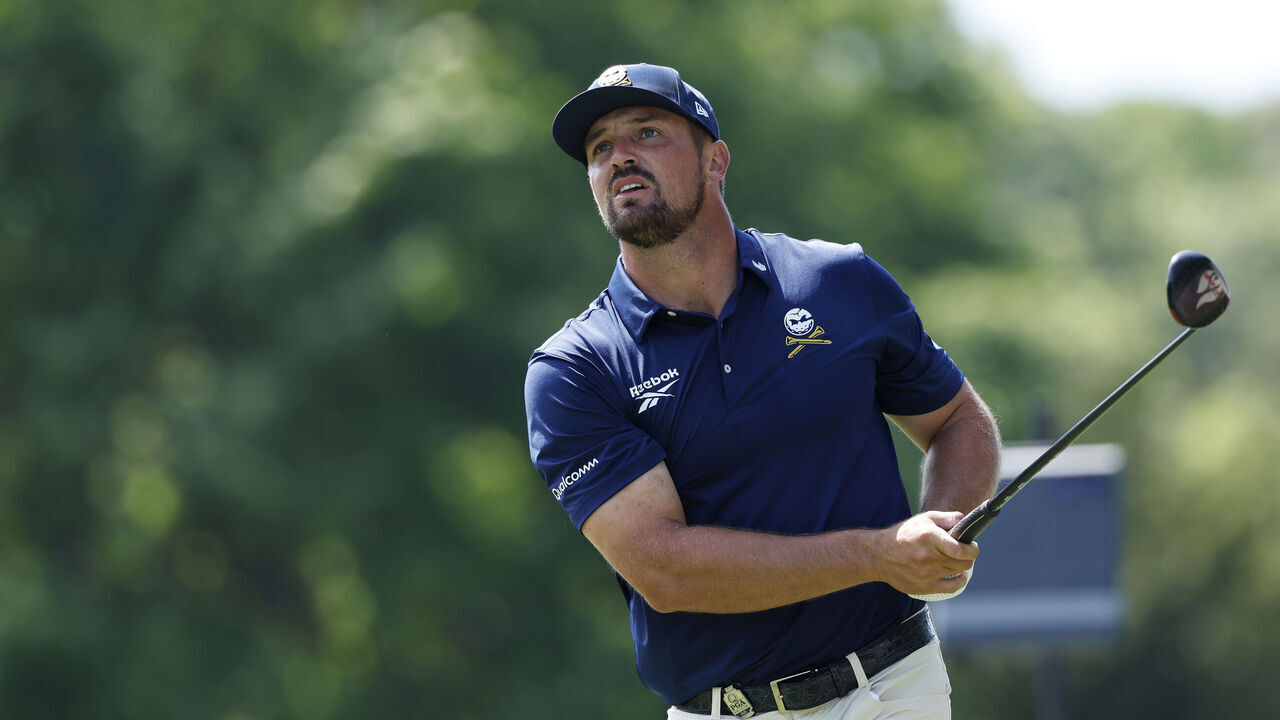 CHARLOTTE, NC - MAY 18: Bryson DeChambeau (USA) watches his tee shot at the 8th hole during the final round of the PGA Championship on May 18, 2025 at Quail Hollow Country Club in Charlotte, North Carolina.