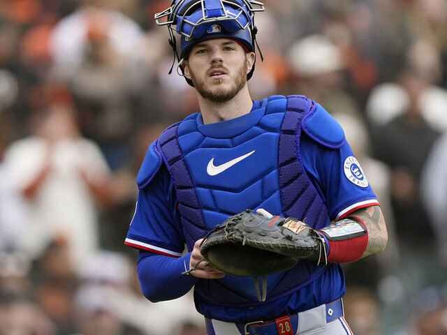 SAN FRANCISCO, CALIFORNIA - APRIL 26: Jonah Heim #28 of the Texas Rangers looks on against the San Francisco Giants in the top of the ninth inning of a major league baseball game at Oracle Park on April 26, 2025 in San Francisco, California.