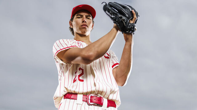 CORONA, CALIFORNIA - APRIL 23: Seth Hernandez #22 of Corona High School Panthers poses for a portrait at Corona High School on April 23, 2025 in Corona, California.
