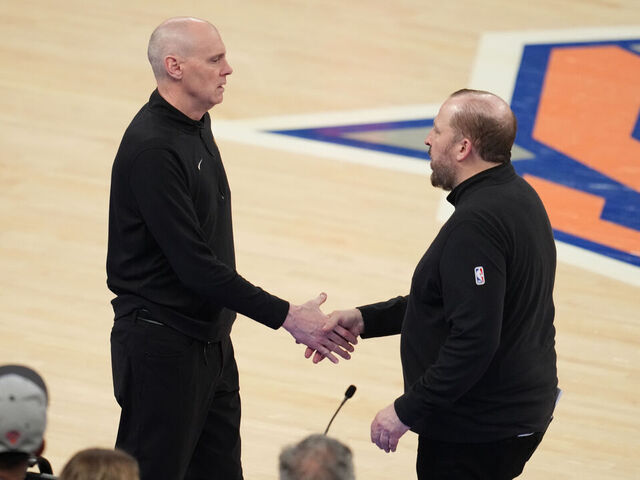 NEW YORK, NY - MAY 19: Head Coach of Rick Carlisle of the Indiana Pacers and Head Coach Tom Thibodeau of the New York Knicks shake hands after the game during Round 2 Game 7 of the 2024 NBA Playoffs on May 19, 2024 at Madison Square Garden in New York City, New York. Mandatory Copyright Notice: Copyright 2024 NBAE