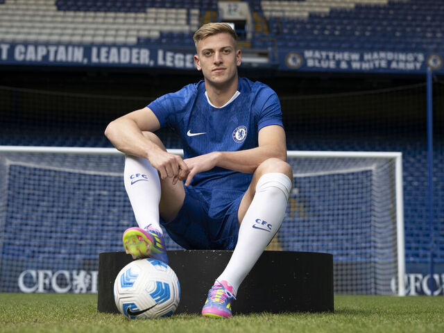 LONDON, ENGLAND - JUNE 03: Liam Delap of Chelsea poses for a photo as Chelsea unveil him as a new signing ahead of the 2025/2026 season at Stamford Bridge on June 03, 2025 in London, England.