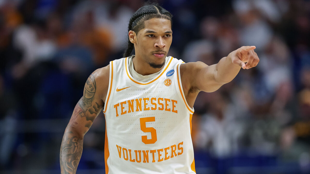 LEXINGTON, KENTUCKY - MARCH 22: Zakai Zeigler #5 of the Tennessee Volunteers points to the bench during the second half against the UCLA Bruins in the NCAA men's basketball tournament Second Round at Rupp Arena on March 22, 2025 in Lexington, Kentucky.